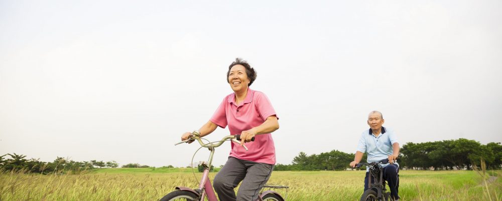 Happy Asian elderly seniors couple biking in the park